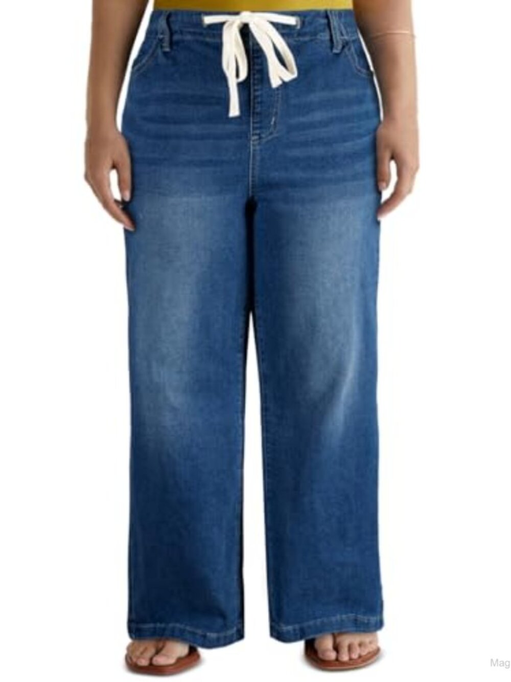 Plus Size Wide Leg Jeans with Pockets Elastic Waist Drawstring Loose Fit Denim